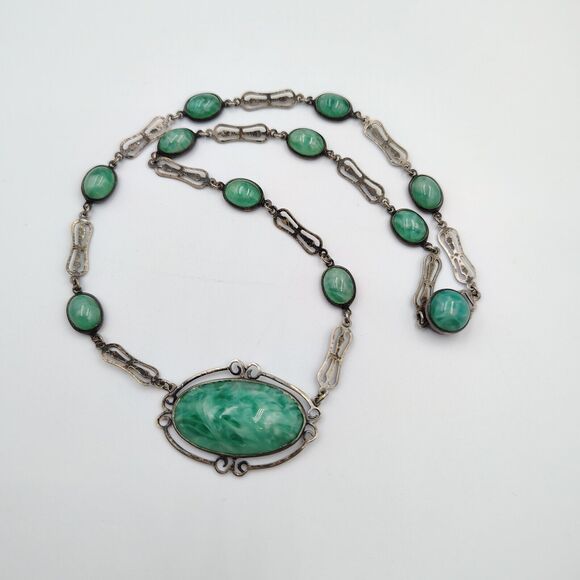 Vintage Sterling Silver 925 Green Pekin Glass Art Deco Necklace 16" - Picture 4 of 16